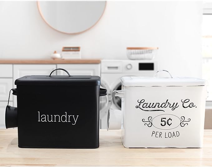 AuldHome Design Enamelware Laundry Powder Container (Black) Enamelware Detergent Bin w/ Scoop