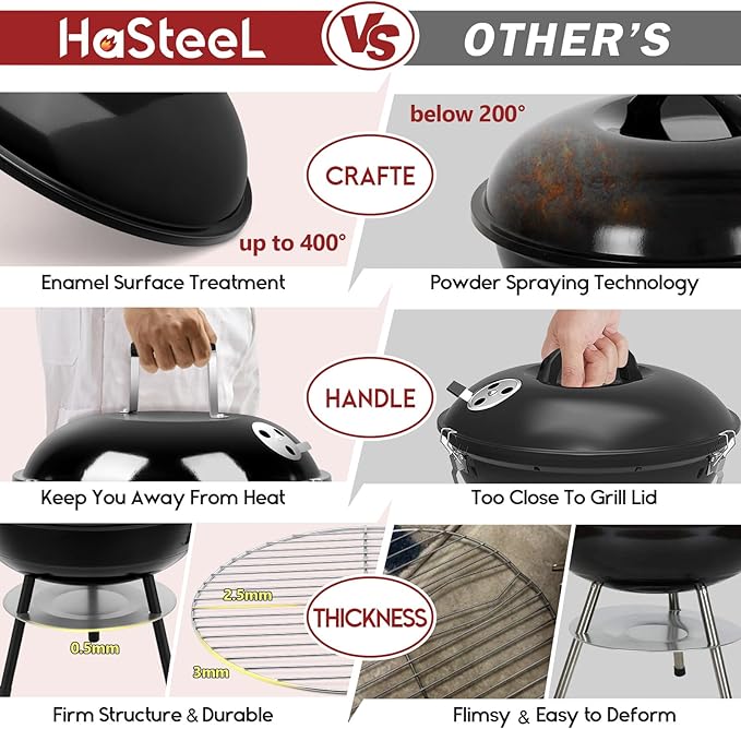 HaSteeL 14 Inch Charcoal Grill Small Black Enamel Outdoor BBQ Grill Mini Flat Top Kettle Barbecue Grill with Screwdriver Portable for Backyard Garden Camping Cooking Smoking Dual Venting System