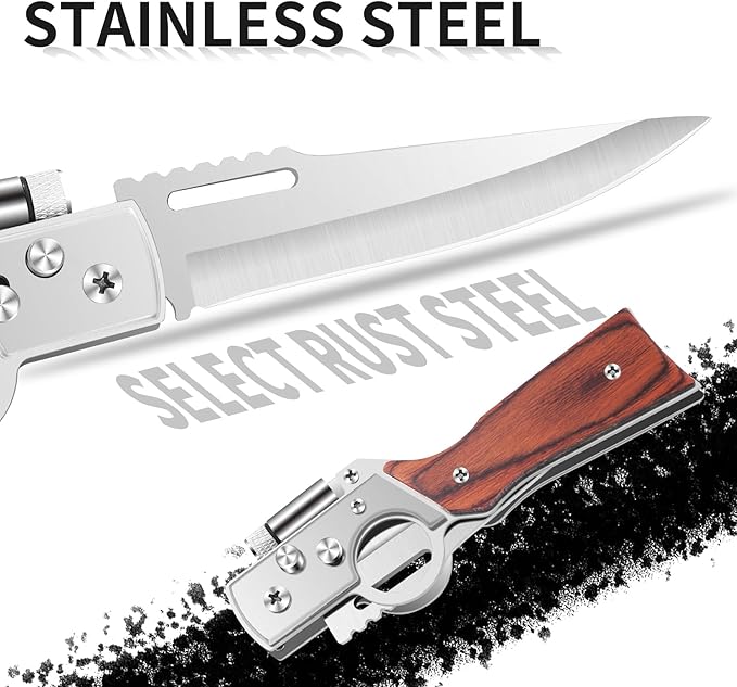AK47 Style Tactical Folding Knife 4-Pack – Bulk Set with LED Light Wood Handle Laser Engraving Ready Groomsmen Gifts for Men Outdoor Camping Hiking Gear (4)