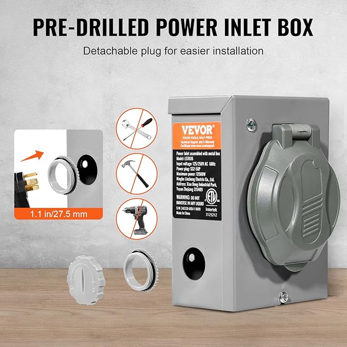 VEVOR 50 Amp Generator Cord and Power Inlet Box Kit 50FT Generator Extension Cord NEMA 14-50P/SS2-50R STW 6/3+8/1 AWG with Twist Lock Connector Pre-Drilled Inlet Box ETL Listed