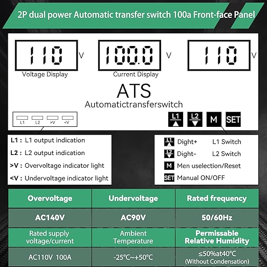 100amp AC110V Automatic Transfer Switch with LED Display 50/60Hz 2P ATS Auto Dual Power Outdoor Changeover Switch for Home GeneratorL1 Priority Din Rail Mount CE Certified Selector Transfer Switches