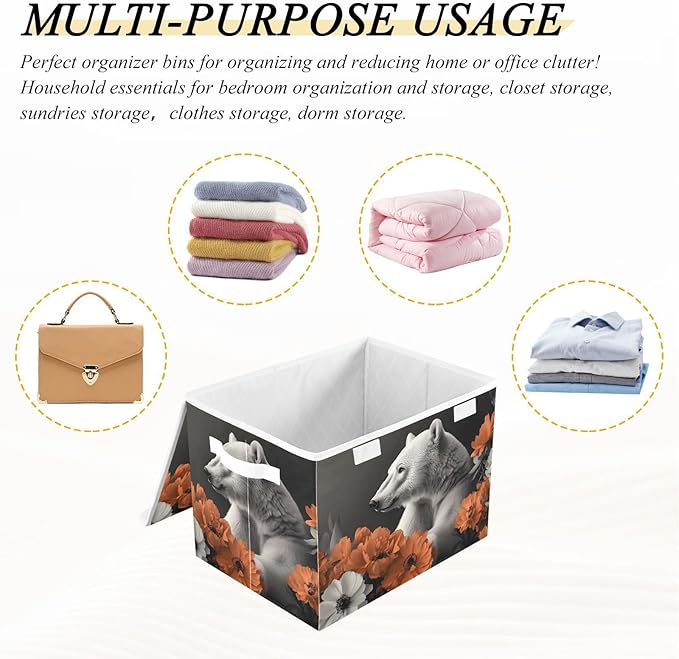 AIXIWAWA Lidded Storage Cube (Polar Bear Flower) Fabric Foldable Closet Bins with Flip Lid and Handles Organizer Basket Container 16.5 x 12.6 x 11.8 IN