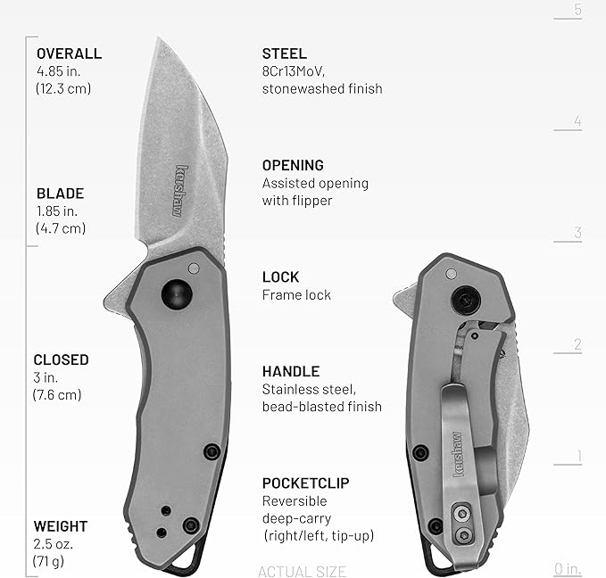 Kershaw Rate Folding Pocket Knife Small Everyday Carry Knife with Assisted Opening 8Cr13MoV Stainless Steel Blade Pocketclip and Lanyard HoleGrey