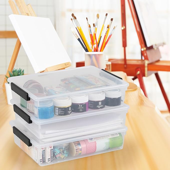 4 Pack Flat Plastic Latching Bins with Lids 6 Quart Stackable Clear Storage Box