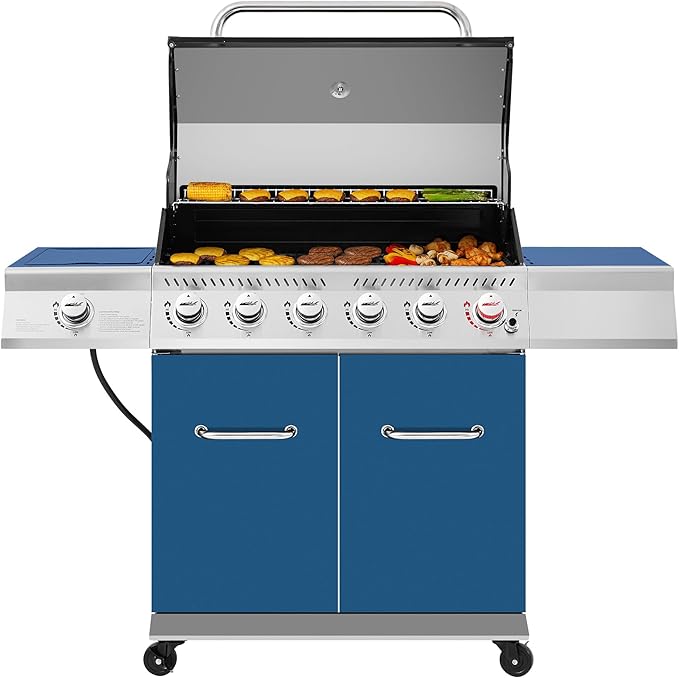 Royal Gourmet GA6402B 6 Burner Propane Gas Grill with Side Burner and Warming Rack 74000 BTUs Cabinet Style Gas BBQ Grill for Barbecue Grilling &amp Backyard Cooking Blue