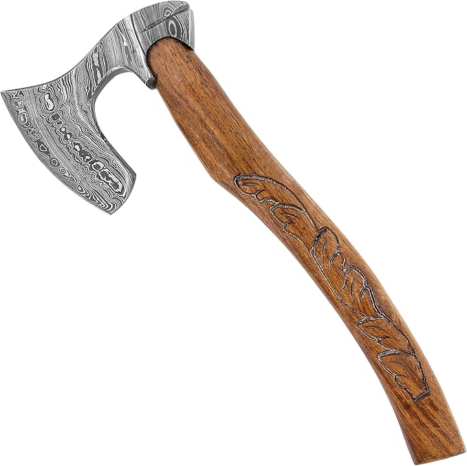 MedievalDepot Guiscard Hand Forged Bearded Damascus Axe - Overall 17 - Damascus Steel Blade - Comabat Outdoor &amp Collector