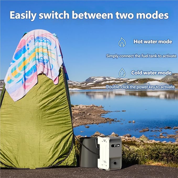 Portable Camping Shower - Instant 3-Second Water Heater with a Rugged All-Metal casing. 4 liters/Minute Ideal for Family Weekend Camping Trips and getaways (E1 Model)