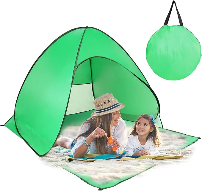 Beach Tent Easy Pop Up 2-3 Person Beach Shade Beach Tent Sun Shelter Instant Portable Beach Tent Umbrella Sun Shade Canopy with Storage Bag for Outdoor Beach Camping Fishing (Green)