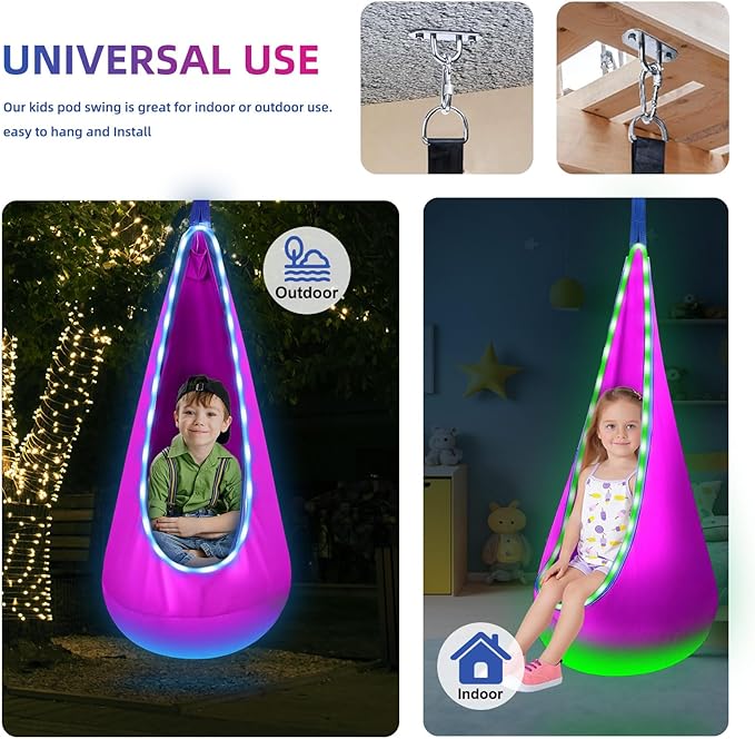 Light Up Swing Chair Hammock Chair Indoor Outdoor for Kids Pod with LED Lights Soft and Safe 176 lb. Load Capacity Easy Installation Perfect for Bedroom Garden and Playroom (Rose Red)
