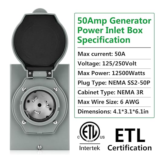 Rundik 50 Amp Power Generator Inlet Box ETL Listed NEMA SS2-50P Power Inlet Box for 3 Prong Generator Cord 125/250 Volt 12500 Watts Generator Transfer Switch Weatherproof Outdoor Use 2 Pieces