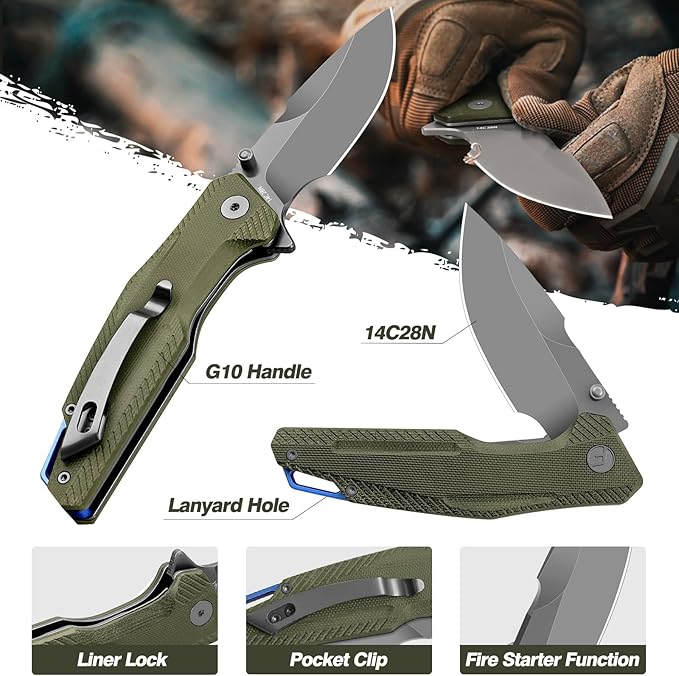 FINTISO Pocket Knife 3.26 Premium 14C28N Blade G10 Handle with Fire Starter Function Folding Knife with Pocket Clip for Men Women EDC Knife for Outdoor Camping Hunting Hiking Survival Falcon S