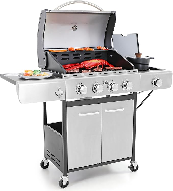 Captiva Designs 4-Burner Propane Gas BBQ Grill with Side Burner &amp Porcelain-Enameled Cast Iron Grates 42000 BTU Output Stainless Steel Grill for Outdoor Cooking Kitchen and Patio Backyard Barbec