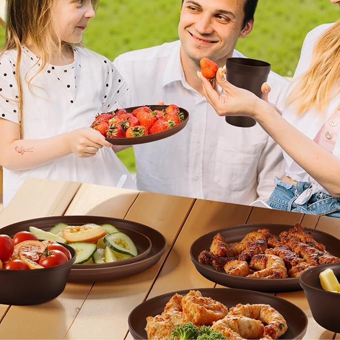 40 Piece Plastic Dinnerware Set for 8 with Cutlery Unbreakable Plates and Bowls Set Dishwasher &amp Microwave Safe Reusable Dish Set for Camping RV Outdoor Kitchen Apartment Dining Brown