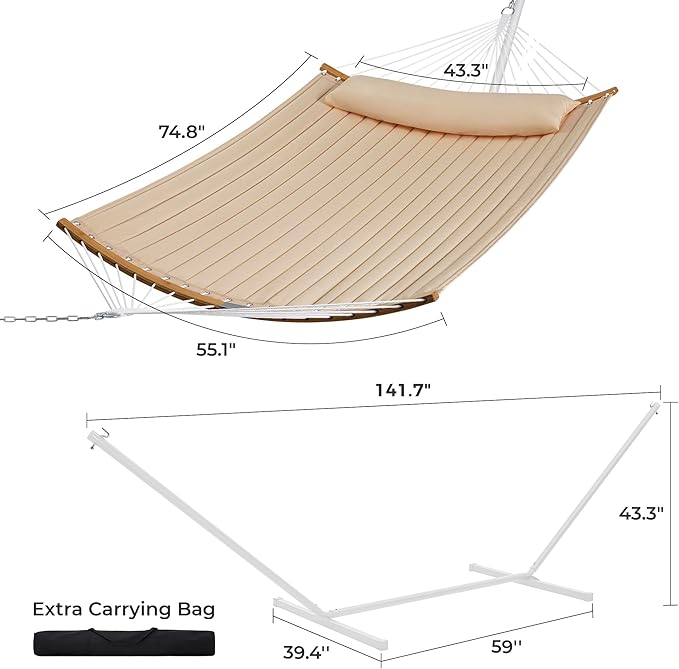 SUPERJARE Hammock with Stand 2 Person Heavy Duty Hammock with Padded Cotton Detachable Pillow &amp Strong Curved-Bar &amp Portable Carrying Bag Perfect for Outdoor &amp Indoor Beige