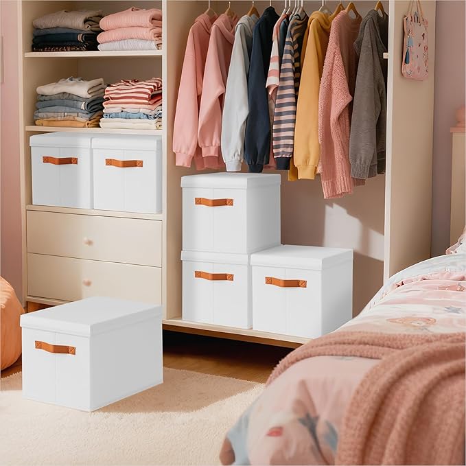 Homsorout Storage Bins with Lids - Large Fabric Closet Bins with Lid 6 Pack Clothes Organizers and Storage Collapsible Stackable Cube Basket for Home Office Dorm White