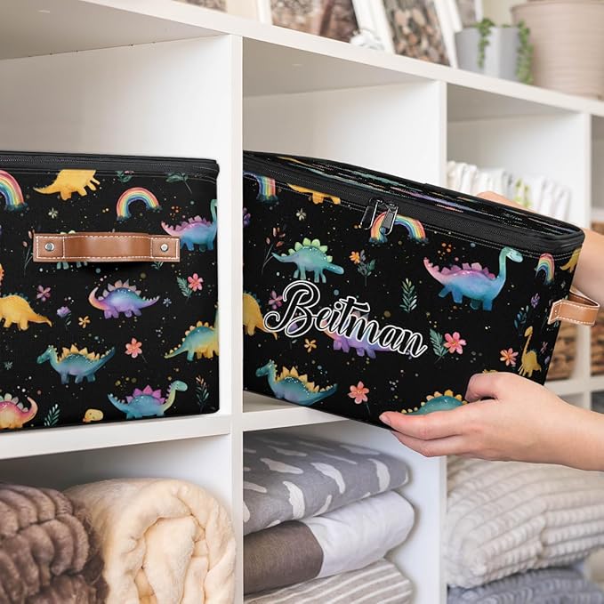 Storage-Bins with Lids Personalized Closet-Storage-Bins Under-Bed Stackable-Cubes-Box for Home Bedroom Dinosaur