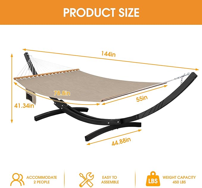 Lazy Daze Hammocks 12 FT 2 Person Double Quick Dry Olefin Blend Hammock with Curved Steel Heavy Duty Stand for Outside Backyard Patio 450 Lbs Capacity Khaki