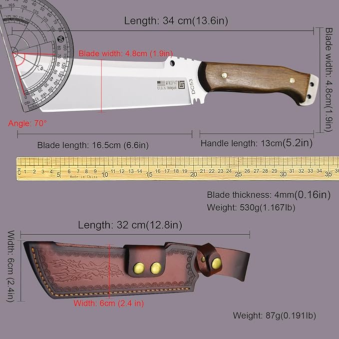 WPKOPYA Fixed Blade Outdoor Knife with Leather Sheath DC53 Steel Full Tang 6.6” Sharp Blade Wooden Handle 13.6” Tactical Survival Knife for Camping Hiking Bushcraft Cooking &amp Utility Use