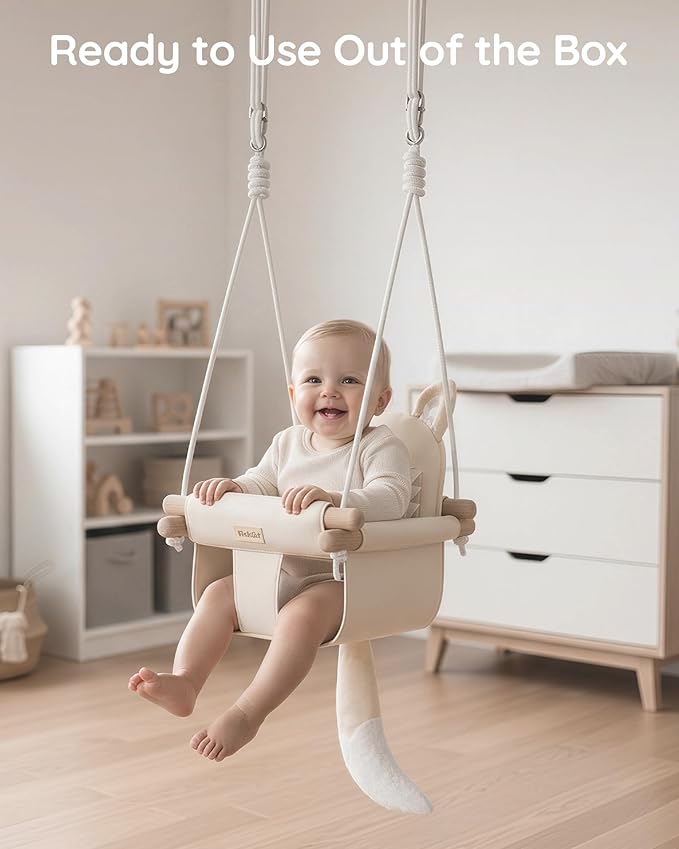 Wooden Hanging Baby Swing with Soft Safety Belt Cozy Infant Swing Seat for Indoor &amp Outdoor Use Adjustable Height Includes Mounting Hardware – Suitable for Babies &amp Toddlers(Fox-Themed in B