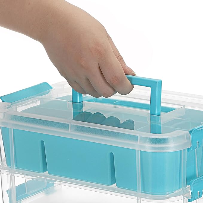 JUXYES 4-Tiers Stack Carry Storage Box With 2 Divided Tray Transparent Stackable Storage Bin With Handle Lid Latching Storage Container for School &amp Office Supplies Blue