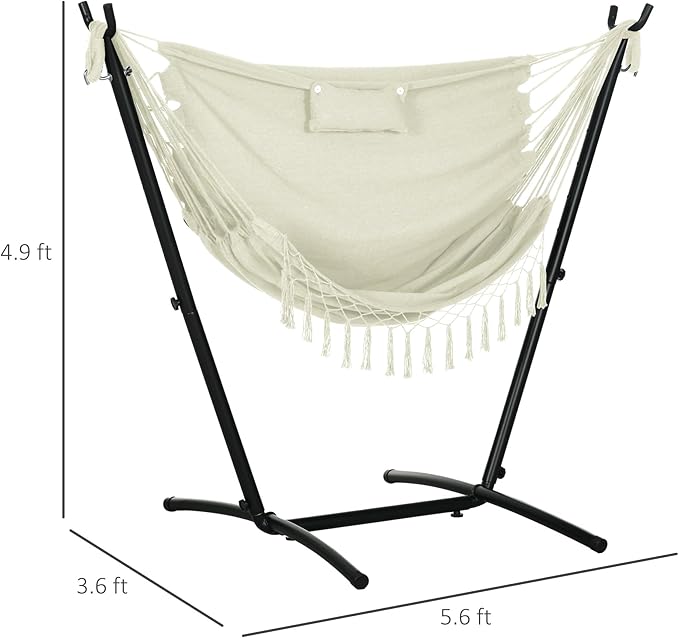 Outdoor Hammock Chair with Stand Patio Swing Hanging Chair with Pillow and Side Pocket 330 lbs Capacity Steel Frame Lounge Chair for Garden Balcony Cream White