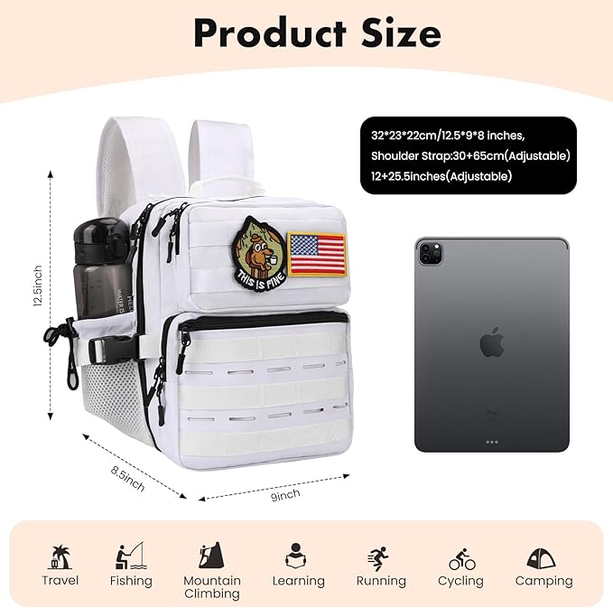 9L Mini Tactical Backpack for Men WomenSmall Military Tactical Backpack for GymHikingCampingCycling (White)