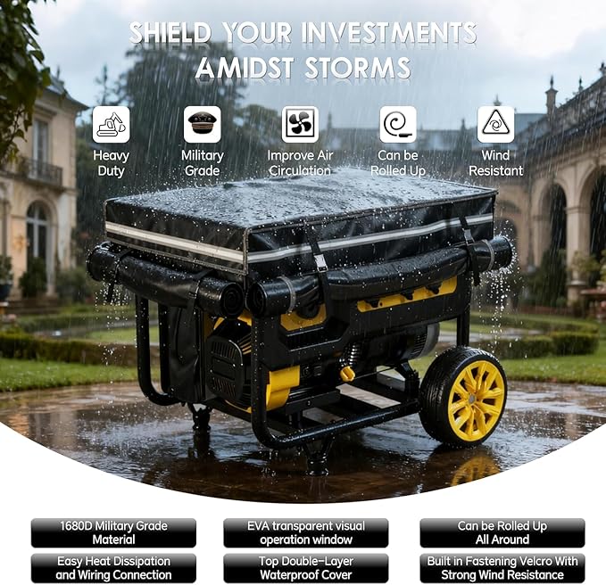 Generator Covers While Running 32x24x24 Inches Generator Covers for Outside 1680+400D Double Layer Portable Heavy Duty Dustproof/Waterproof Cover for 5000W-10000W Frame Generators Black