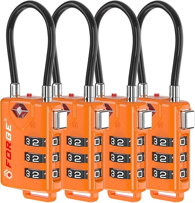TSA Approved Cable Luggage Locks Re-settable Combination with Alloy Body Orange 4 Locks.