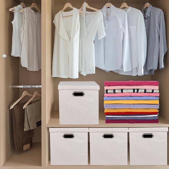 Storage Bins with Lids Collapsible Linen Fabric Boxes Organizer Containers with Lid Foldable Storage Box Basket for Closet Shelves Home Office 12 x 12 x 12.4 Inch 4 Pack Beige