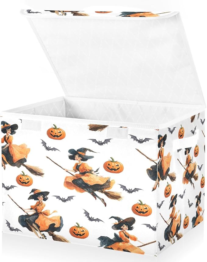 Halloween Baskets Collapsible Storage Bins with Lids Witch Pumpkin Bat Pattern Storage Boxes Clothes Baskets for Organizing