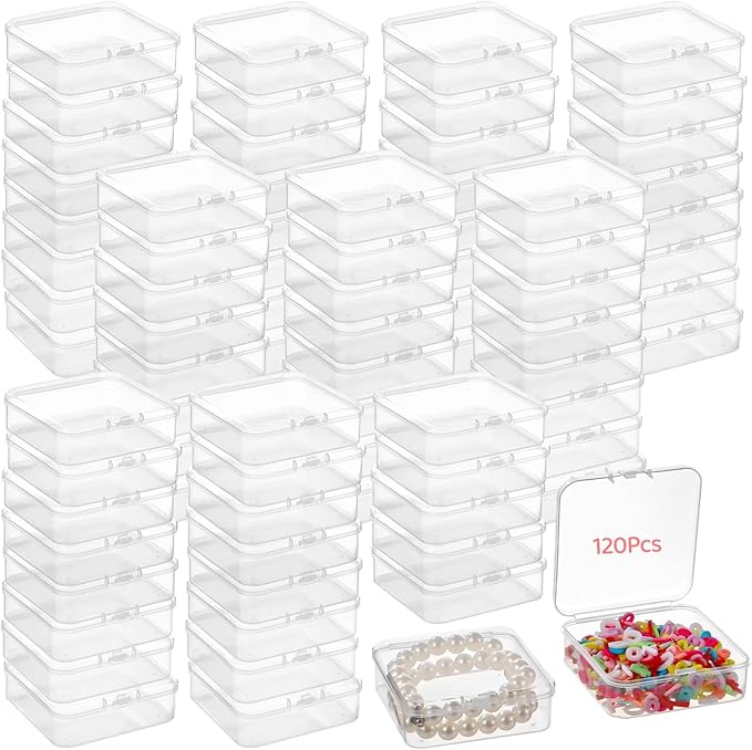 yeesport 120 Pcs Plastic Bead Storage Containers 3×3×1 Small Storage Boxes Clear Square Containers with Hinged Lids Mini Organizer Cases for Jewelry Crafts Small Items Parts