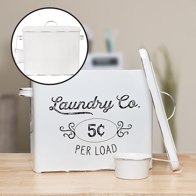 AuldHome Design Farmhouse Laundry Powder Container White Enamelware Detergent Bin w/Scoop