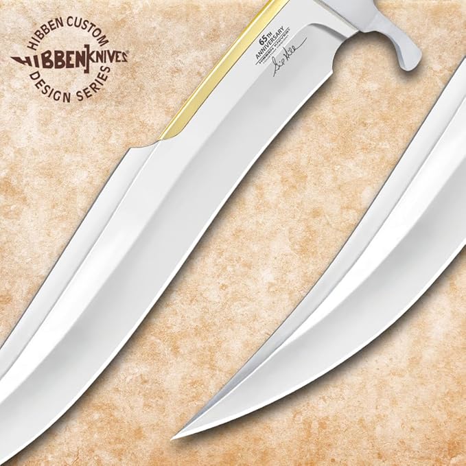 Hibben 65th Anniversary Spartan Bowie Knife| Includes Wooden Stand | 15 1/8 5Cr15 Blade | Dark Pakkawood Handle | Commemorative Display