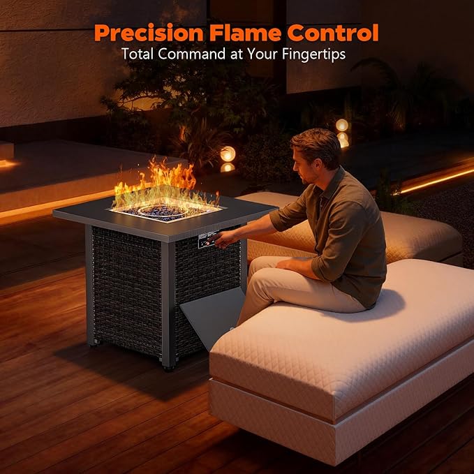 COWSAR 28 Rattan Square Propane Fire Pit Table 50000 BTU Outdoor Gas Fire Pit Includes Lid and Lava Rocks for Patio Deck Garden Warmth and Ambiance Black