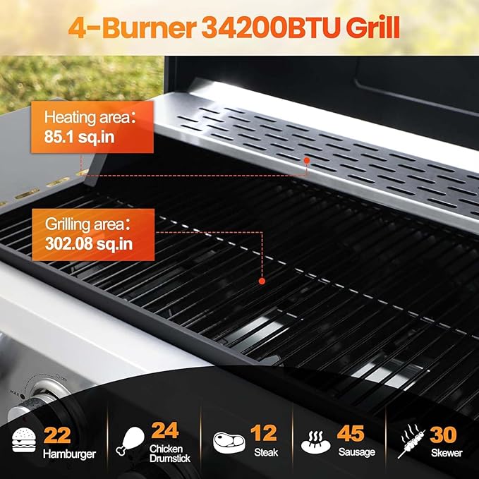 4-Burner Propane Gas Grill with 2 Foldable Side Tables 34200 BTU Outdoor BBQ Grill with Porcelain-Enameled Flame Tamers Built-in Thermometer Easy Assembly for Patio Backyard BBQ