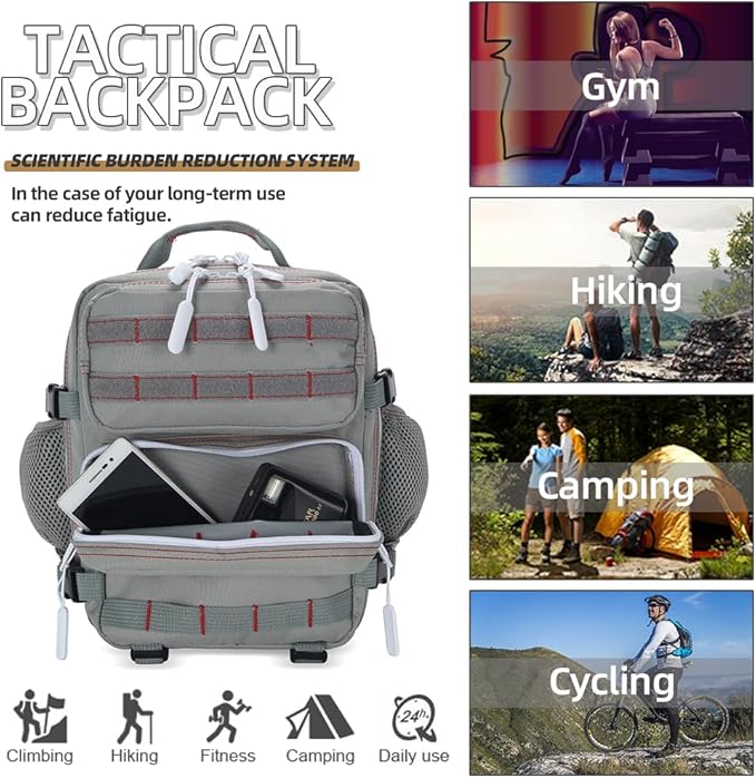 9L Mini Tactical Backpack for Men and Women Tactical Backpack Small for Hiking Small Tactical Bag（Grey Red）