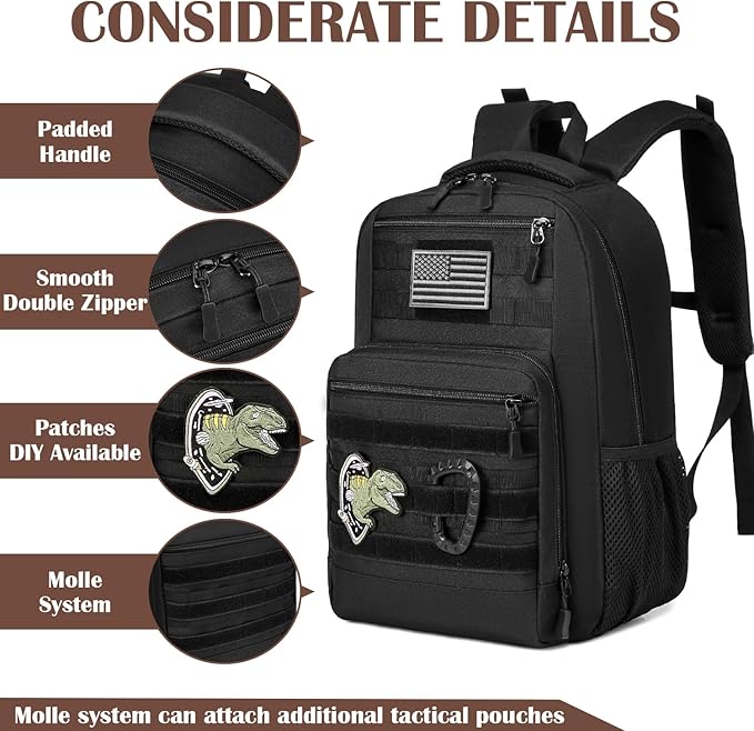 Kids Tactical Backpack Army Molle Bookbag Military Boys Backpack for School Outdoor Camping Black+Black