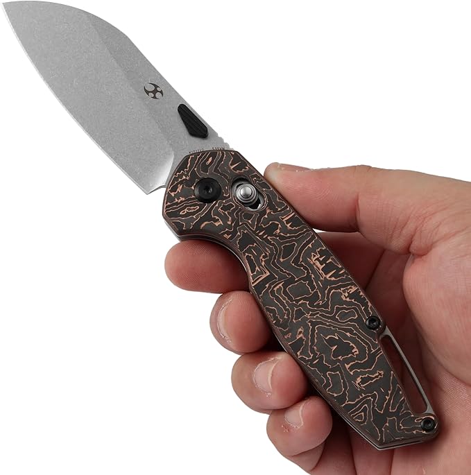 KANSEPT Model 6 Folding Knife 3.1'' Stonewashed CPM S35VN Sharp Blade Copper Carbon Fiber Handle with Crossbar Lock Thumb Stud Pocket Clip for EDC Camping Hiking K1022V2