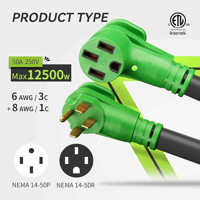 RVMATE 50 Amp 15 Feet RV/EV Extension Cord Easy Plug in Handle 14-50P to 14-50R with LED Indicator ETL Listed Come w/Storage Bag and Plastic Strap