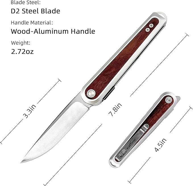 ALBATROSS Refined Choice Men's Women's Folding Pocket Knife 3.3 Satin D2 Blade Silver Aluminum &amp Wood Inlay Reversible Clip Artisan EDC Fathers Day Mothers Day Gifts
