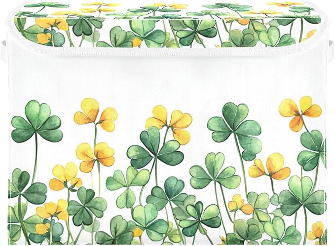 senya St. Patrick's Day Baskets Collapsible Storage Bins with Lids Border Of Green Clover Yellow Flowers Storage Boxes Clothes Baskets for Organizing