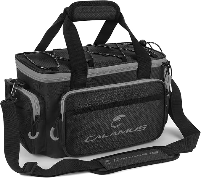 Calamus Fishing Tackle Bags - Saltwater &amp Freshwater Fishing Bags - Rip-Stop PE - Padded Shoulder Strap - Pliers Storage - Black