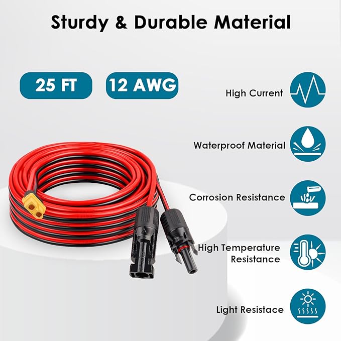 Solar to XT60 Charge Extension Cable 25FT 12AWG XT60 Solar Cable for Portable Power Station Battery Pack