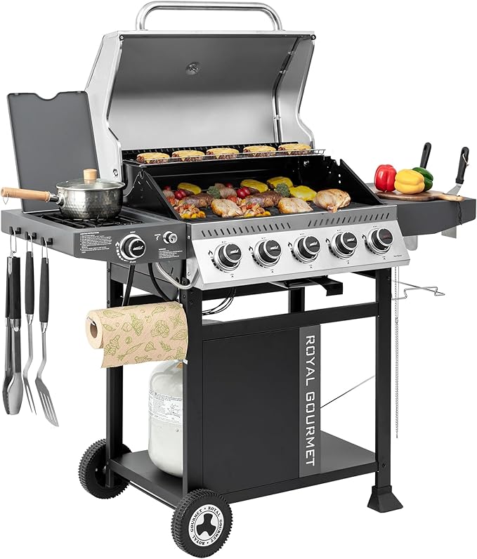 Royal Gourmet GA5406TS 5 Burner Propane Gas Grill with Side Burner and Sear Burner Cart Style Gas BBQ Grill with Porcelain-Enameled Cast Iron Grates for Backyard Cooking Silver &amp Black