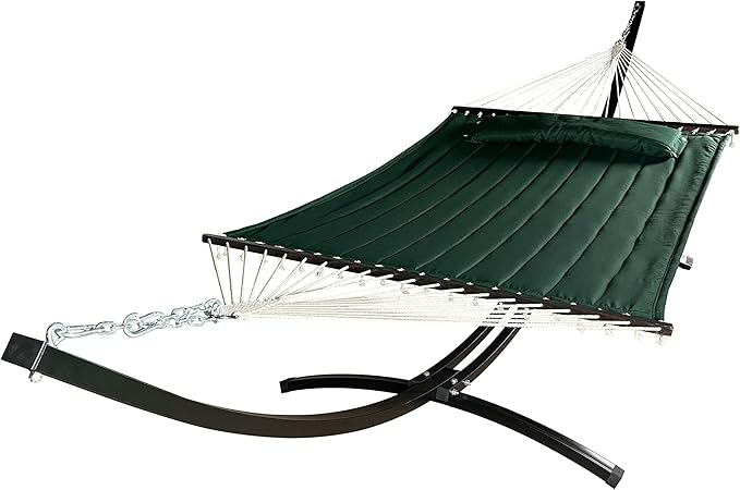 15 Ft. Indoor/Outdoor Heavy Duty Black Steel Arc Hammock Stand &amp Premium Quilted Hammock Bed w/Pillow.(Elegant Green)