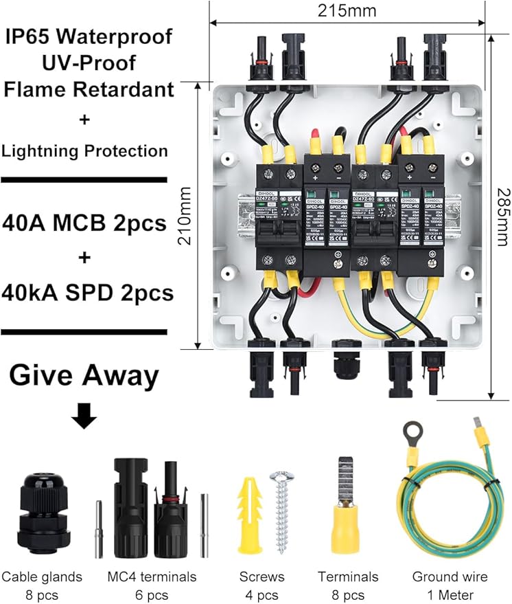 DIHOOL Solar Disconnect Switch 40Amp DC Circuit Breaker with Surge Protector PV Combiner Box for Solar Panel 2 in 2 Out