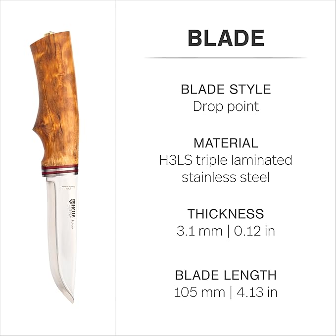 HELLE Knives - Futura - Outdoor Adventure Camping Knife with Sheath Triple Laminated Stainless Steel Fixed Blade Curly Birch Handle Made in Norway