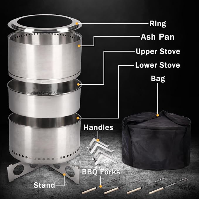 BRIOPAWS Large Smokeless-fire-pit Outdoor | 19 IN | 304 Stainless-Steel-Firepit | Portable Solo Fire Pits for Outside Camping | Low Smoke Stove | Wood Burning Chimenea Inclu. Bag BBQ Forks Handles