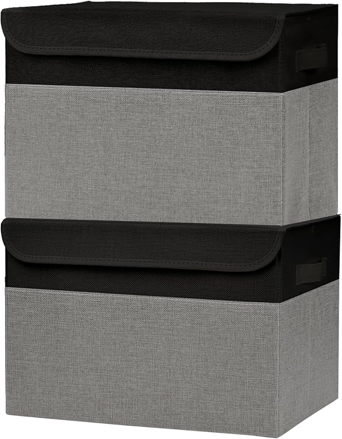 Bagnizer Large 42 Quarts Fabric Storage Bins with Lids [2-Pack] Linen Collapsible Foldable Storage Cubes Closet Organizer Containers boxes with Handles for Home Office (16.7 x 12 x 12 Black &amp Gr