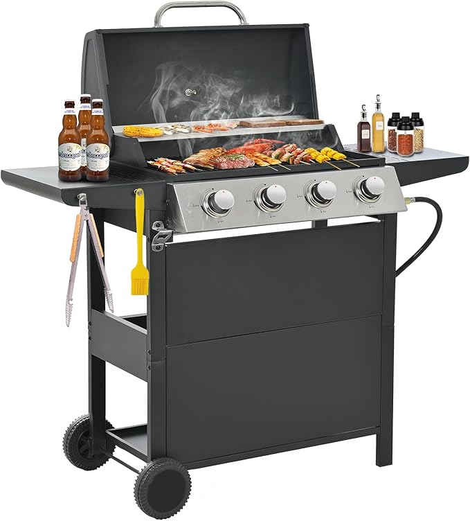 Patio Propane Gas Grill Stainless Steel 4-Burner BBQ Grill with Top Cover Lid Spacious Cooking Area and 2 Side Shelves for Outdoor Patio Garden Picnic Backyard Black